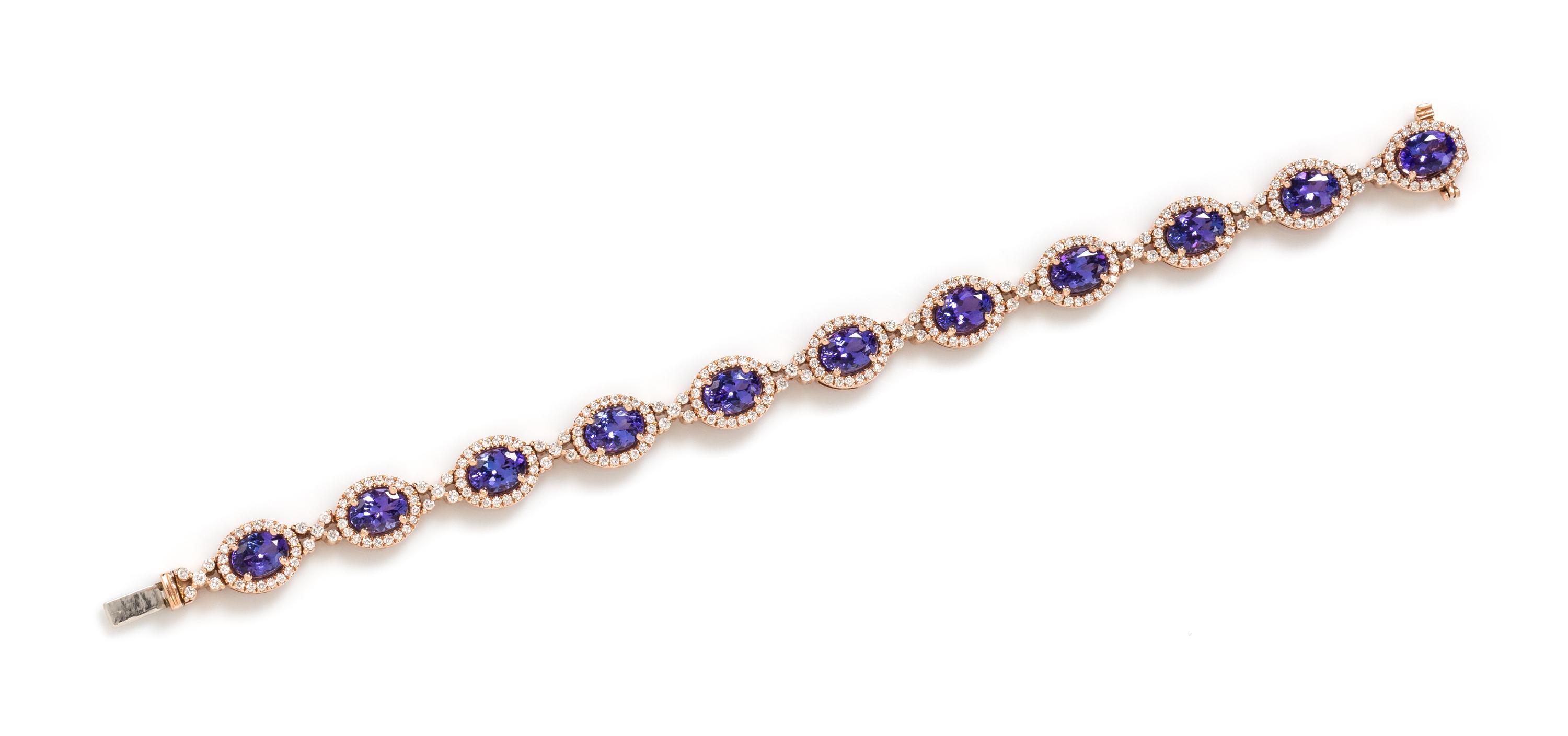 A 14 Karat Rose Gold, Tanzanite and Diamond Bracelet, 13.90 dwts.