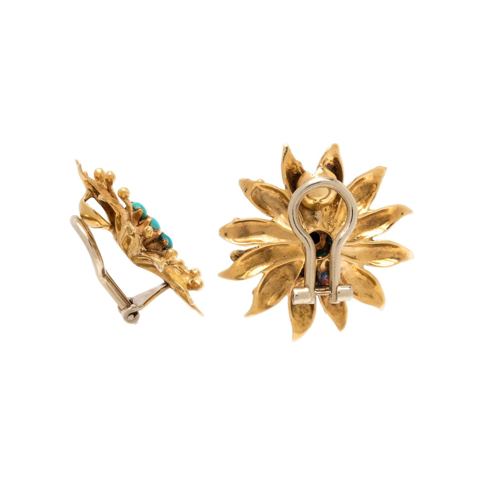 YELLOW GOLD AND TURQUOISE FLOWER EARCLIPS