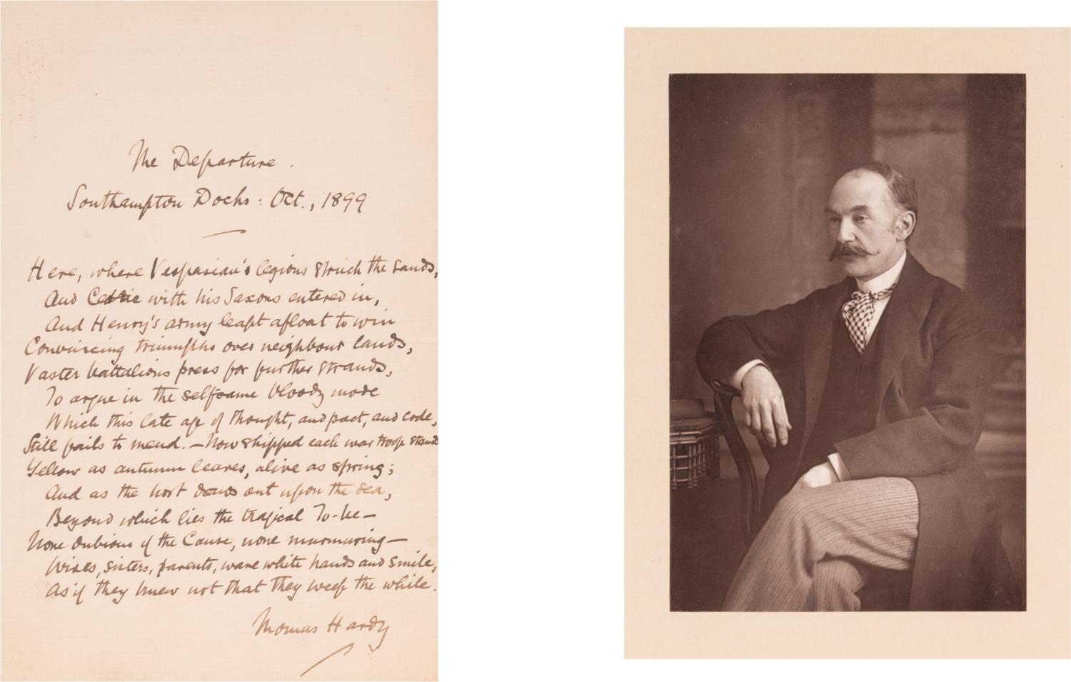 HARDY, Thomas (1840-1928). Autograph poetic manuscript signed ("Thomas Hardy"), a fair copy of "The Departure", Southampton Docks, October 1899.