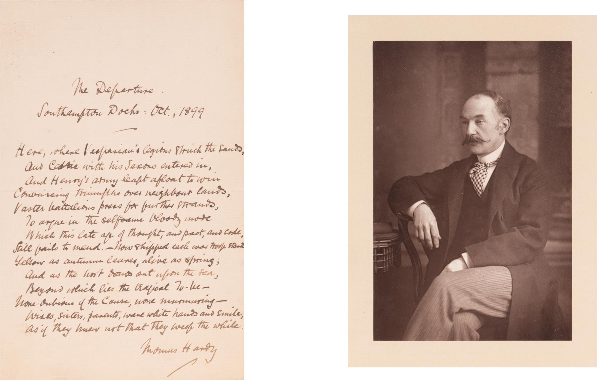 HARDY, Thomas (1840-1928). Autograph poetic manuscript signed ("Thomas Hardy"), a fair copy of "The Departure", Southampton Docks, October 1899.