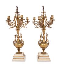 A Pair of Continental Brass Five-Light Candelabra on Marble Bases