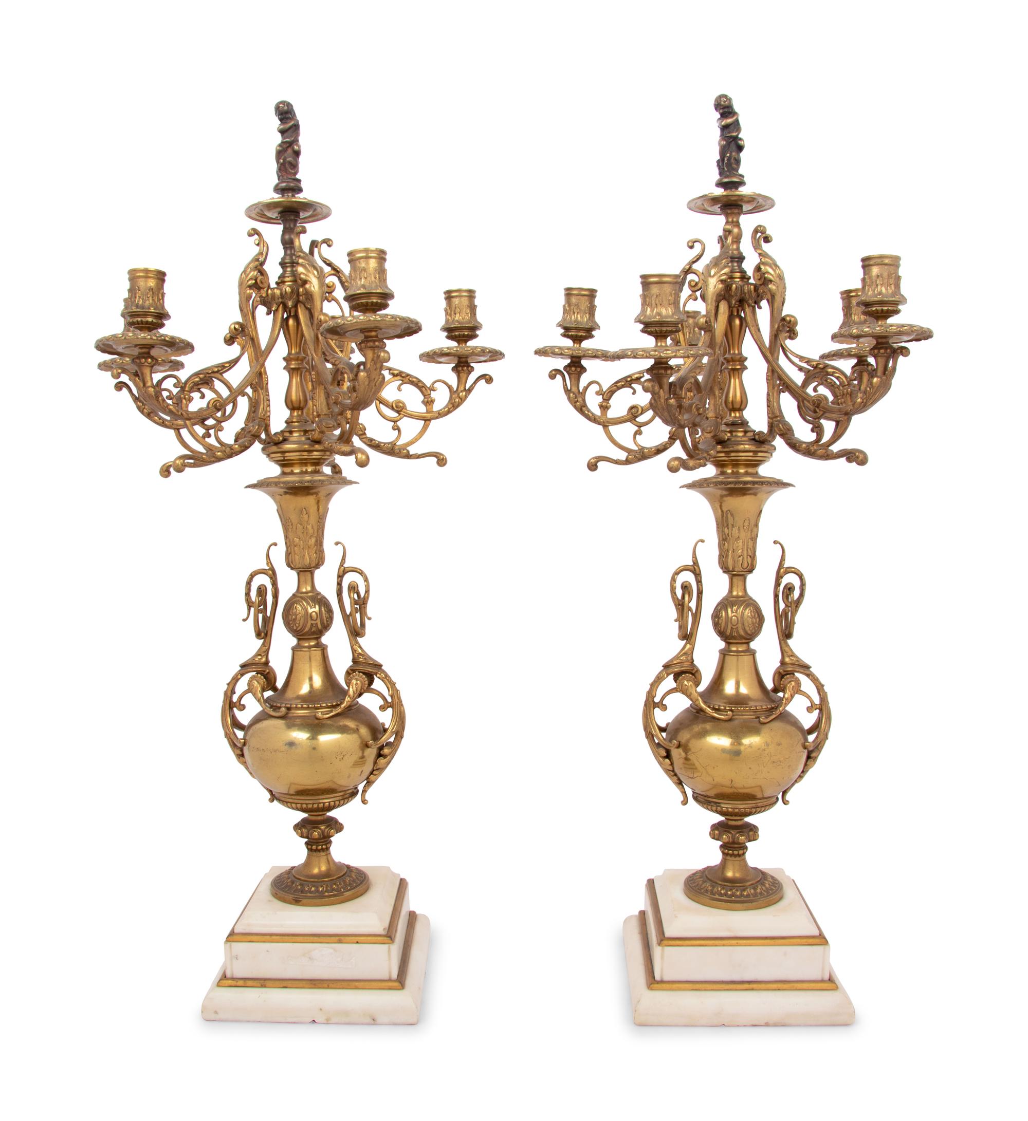 A Pair of Continental Brass Five-Light Candelabra on Marble Bases