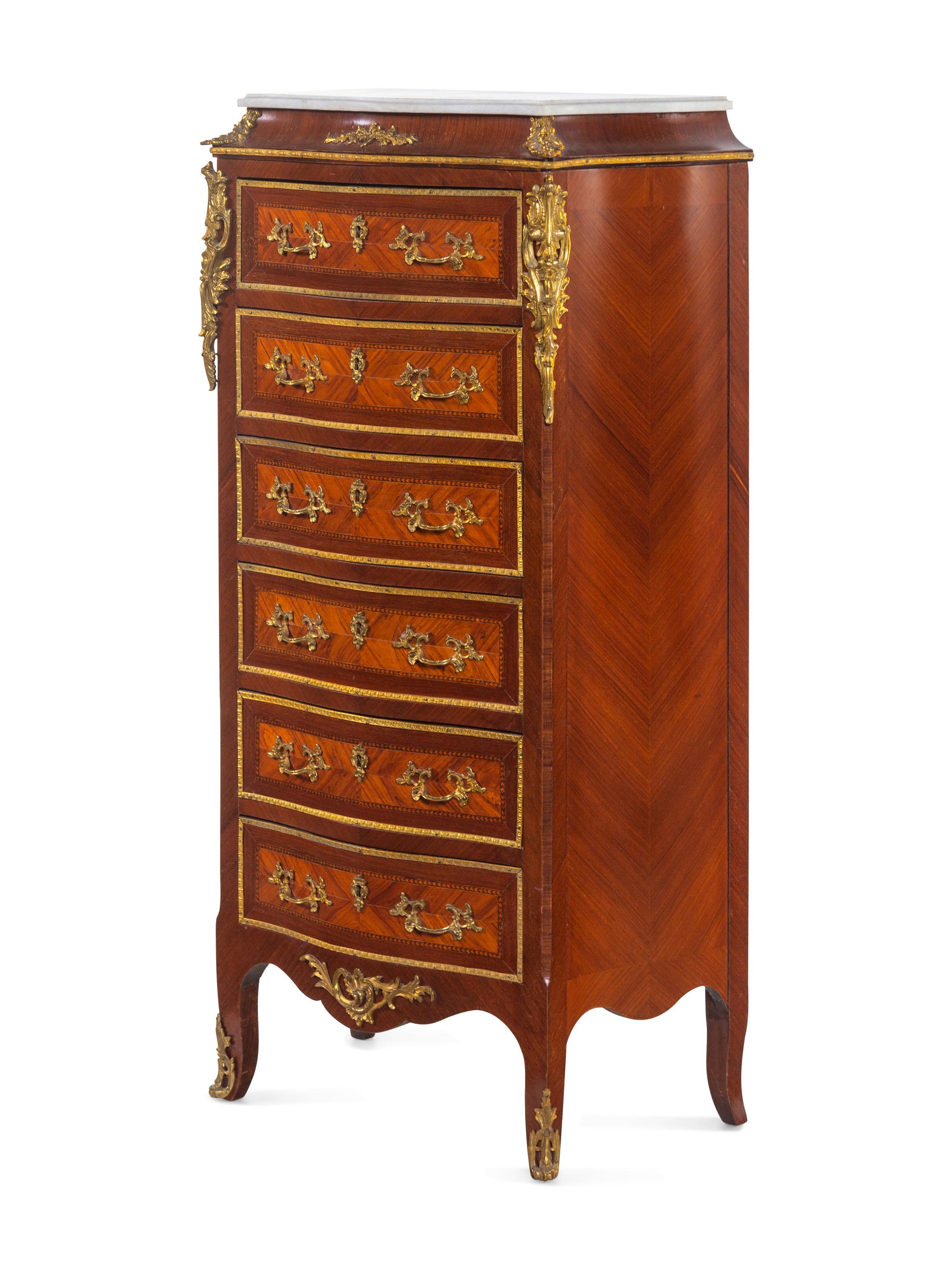 A Napoleon III Style Gilt Bronze Mounted Marble-Top Tall Chest of Drawers