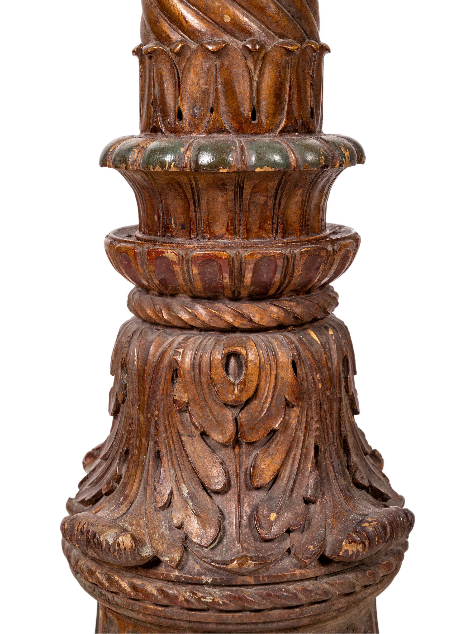 A Pair of Italian Baroque Style Painted Terra Cotta and Carved Wood Pedestals