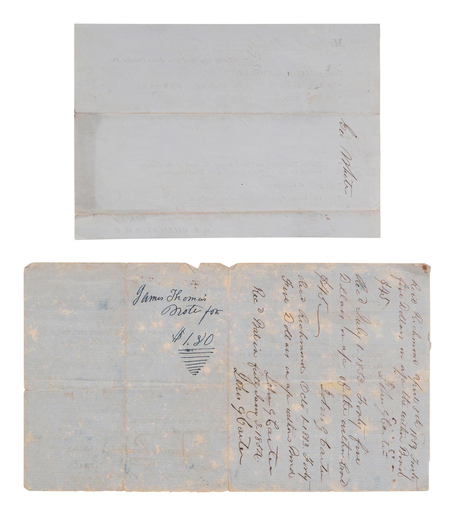 [ENSLAVEMENT]. Slave for hire promissory note and tax document.