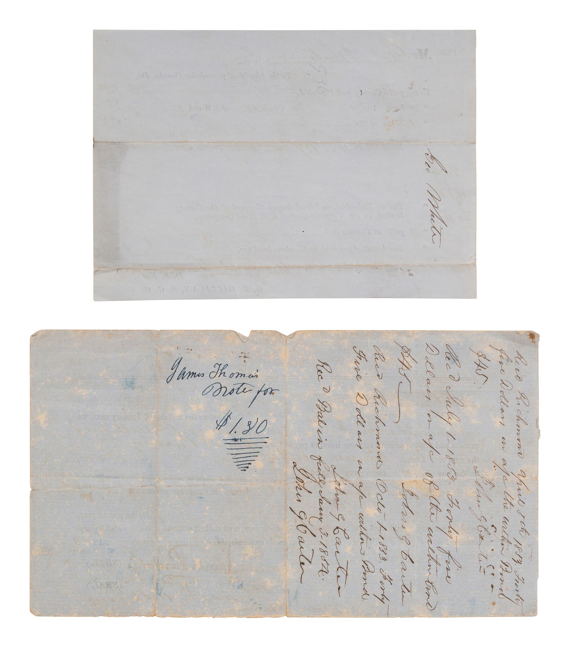 [ENSLAVEMENT]. Slave for hire promissory note and tax document.