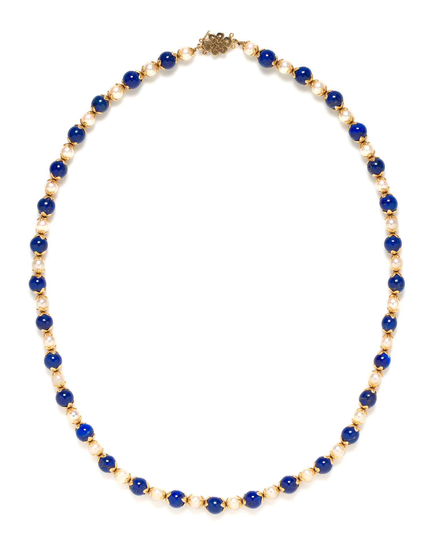 A Yellow Gold, Lapis Lazuli and Cultured Pearl Necklace,