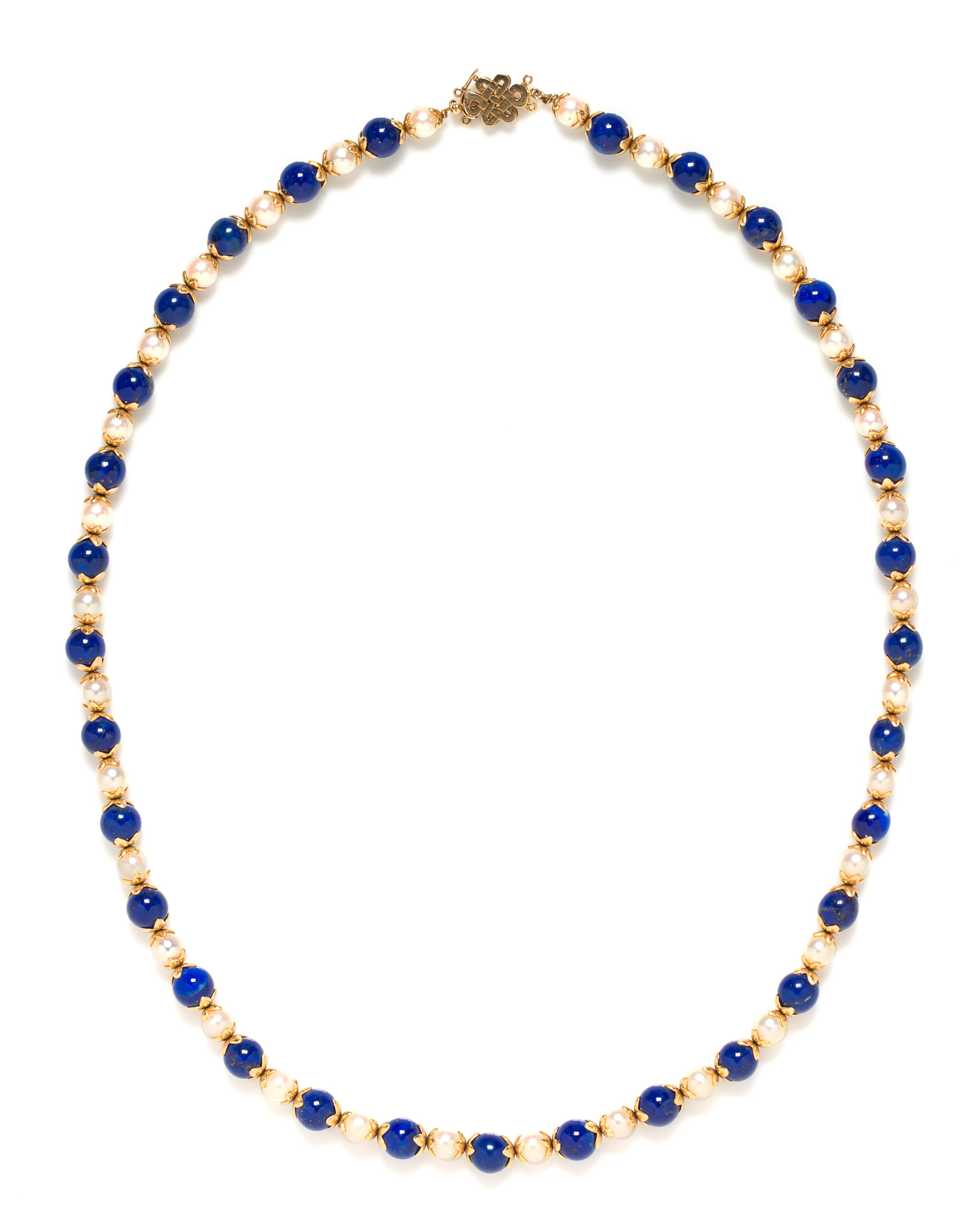 A Yellow Gold, Lapis Lazuli and Cultured Pearl Necklace,