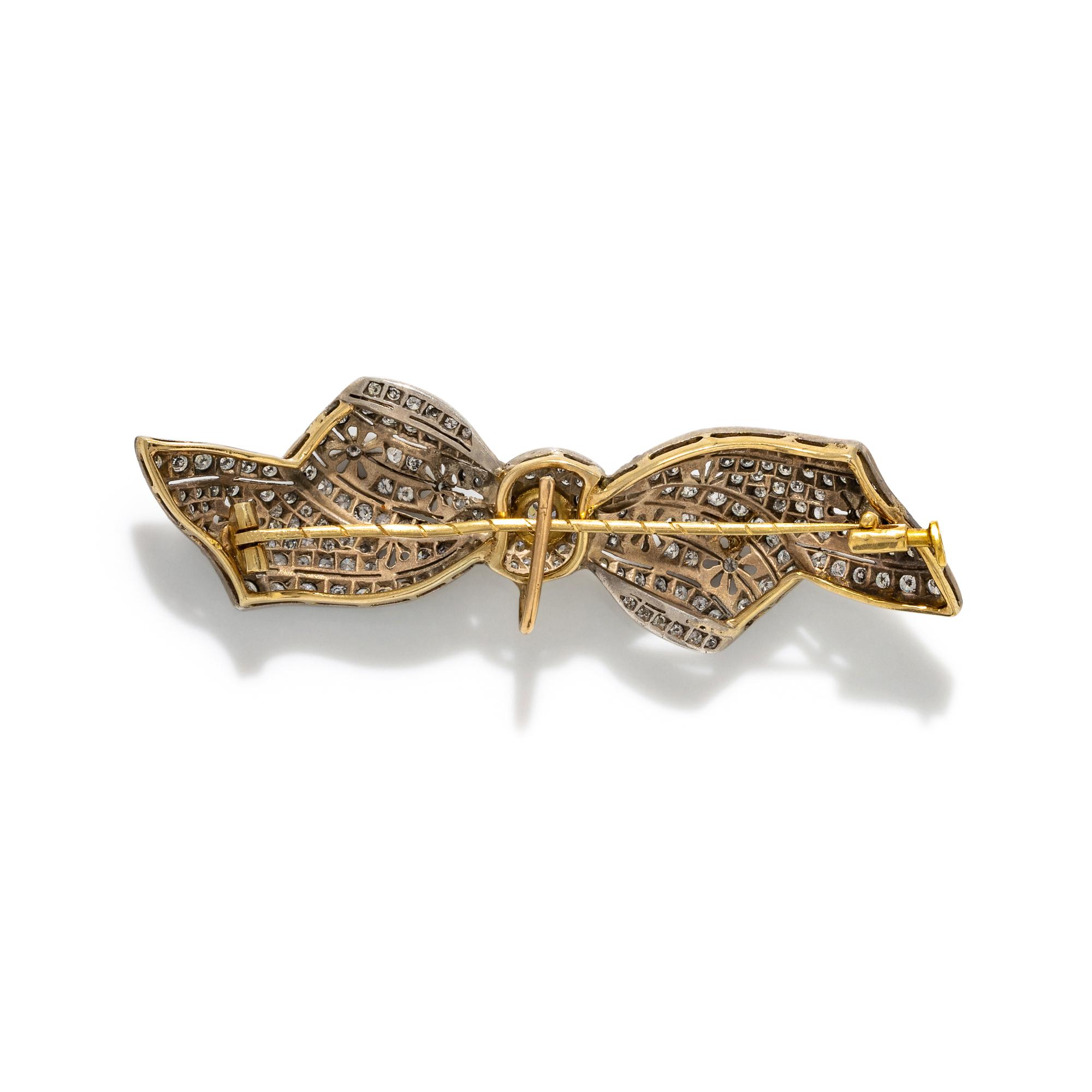 ANTIQUE, SILVER-TOPPED GOLD AND DIAMOND BOW BROOCH/PENDANT