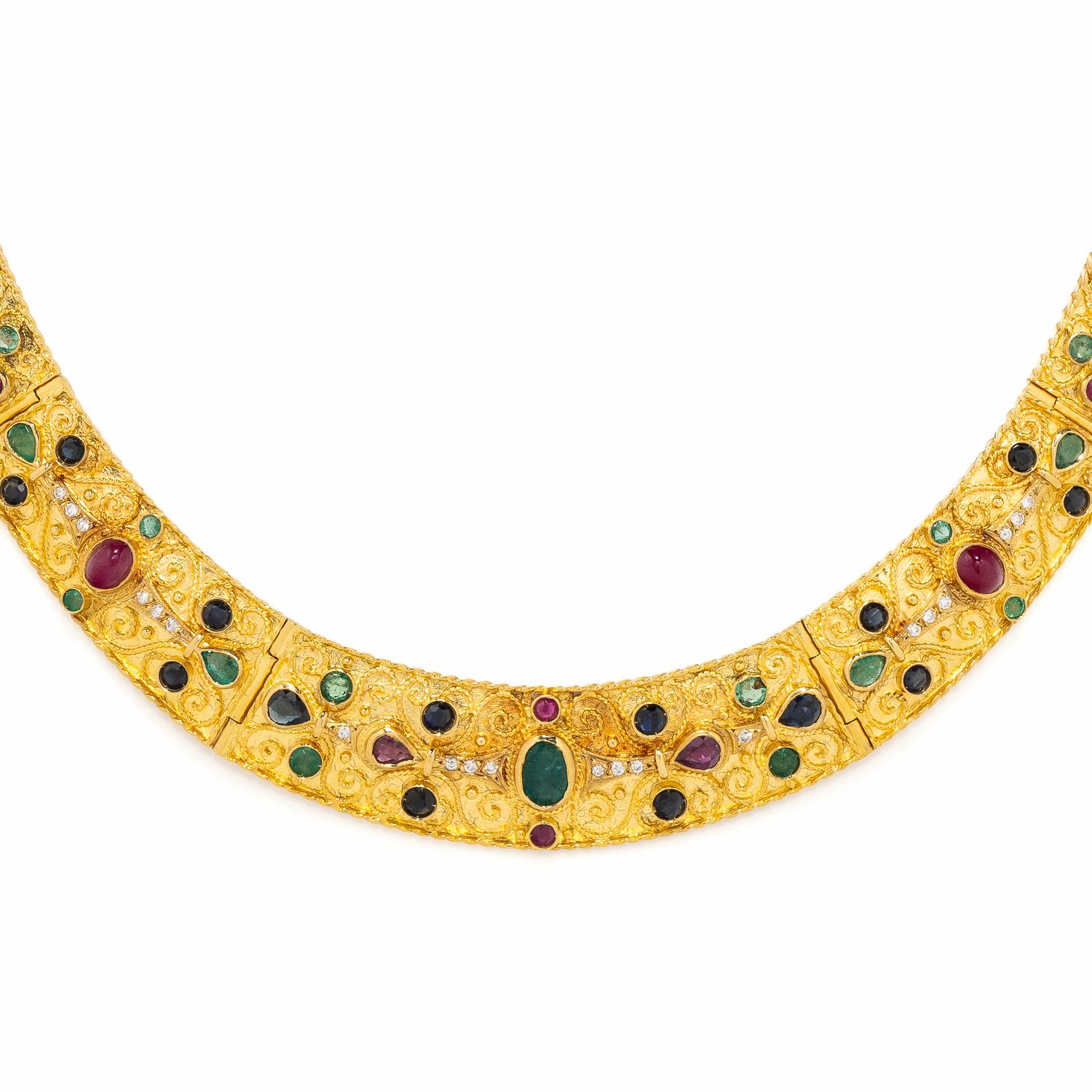YELLOW GOLD, MULTIGEM, AND DIAMOND EARRINGS AND NECKLACE