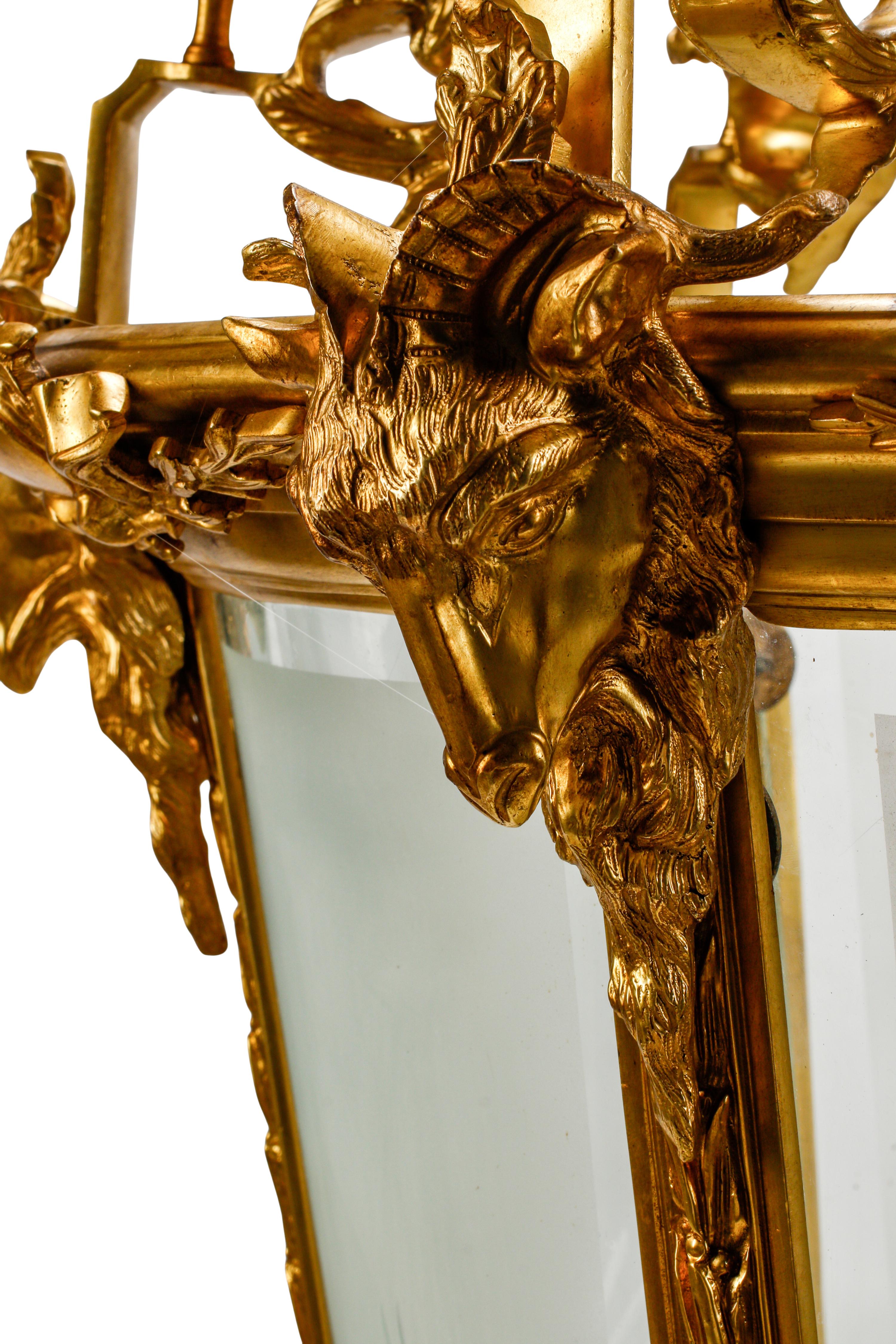 A Large Régence Style Gilt Bronze and Etched Glass Hall Lantern
