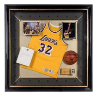 An Upper Deck Authenticated Magic Johnson Multi Signed Autograph Los Angeles Lakers Shadowbox Display,