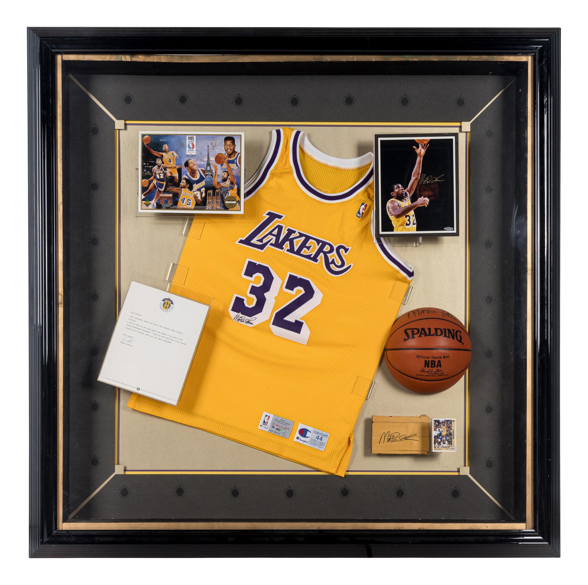 An Upper Deck Authenticated Magic Johnson Multi Signed Autograph Los Angeles Lakers Shadowbox Display,