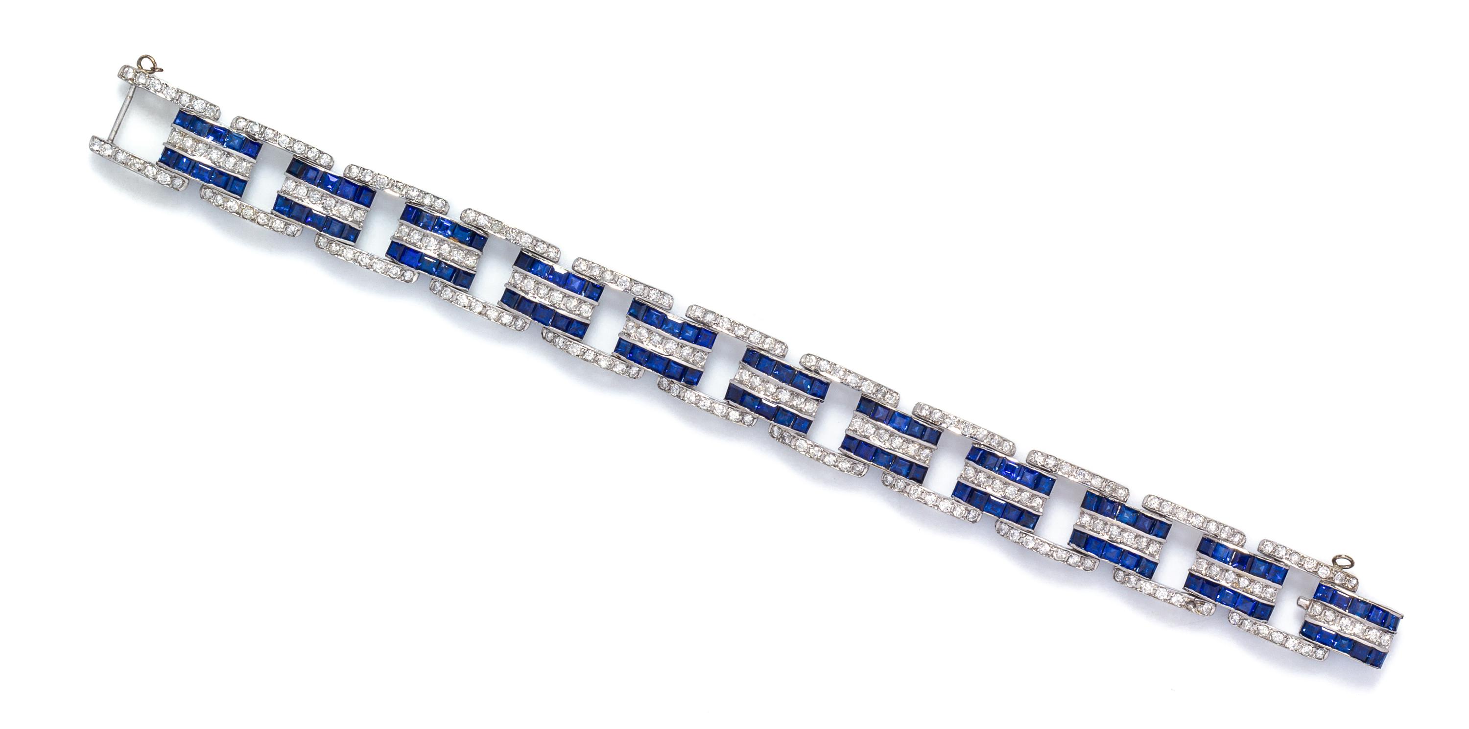 A White Gold, Sapphire and Diamond Link Bracelet, 19.70 dwts.