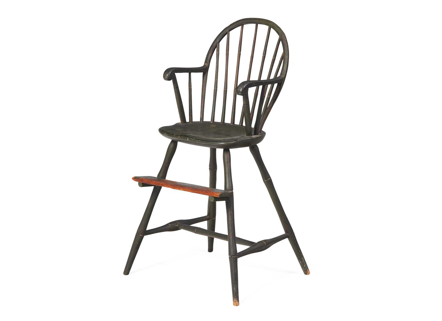A Green-Painted Bamboo Turned Continuous Arm Windsor High Chair, Philadelphia, PA, Circa 1800