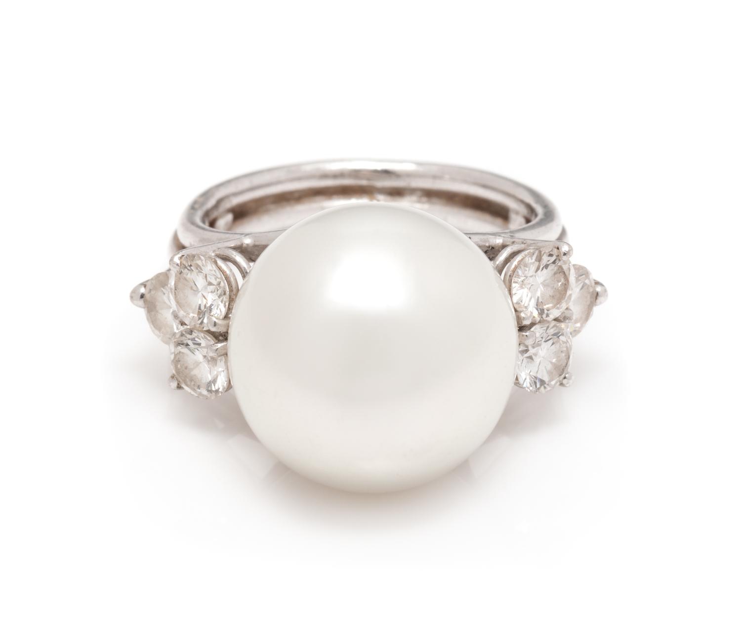 An 18 Karat White Gold, Cultured South Sea Pearl and Diamond Ring,