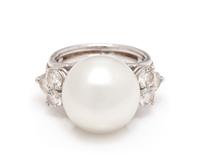 An 18 Karat White Gold, Cultured South Sea Pearl and Diamond Ring,