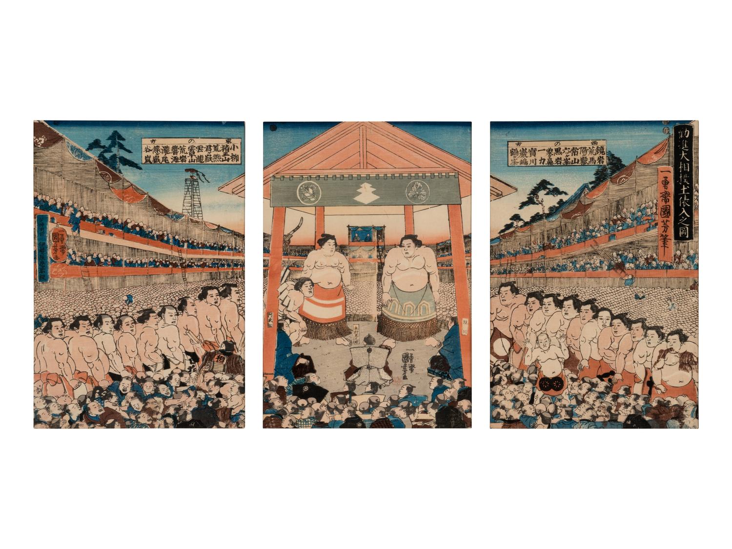 A Japanese Woodblock Triptych of a Sumo Match