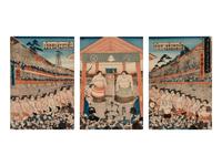 A Japanese Woodblock Triptych of a Sumo Match