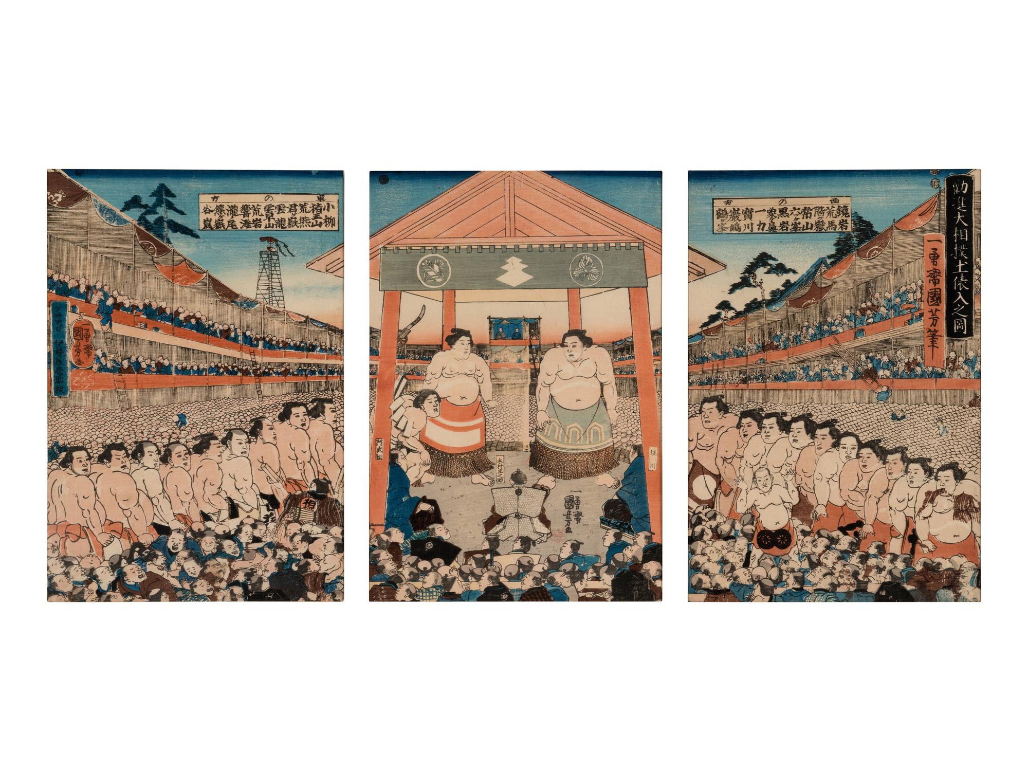 A Japanese Woodblock Triptych of a Sumo Match