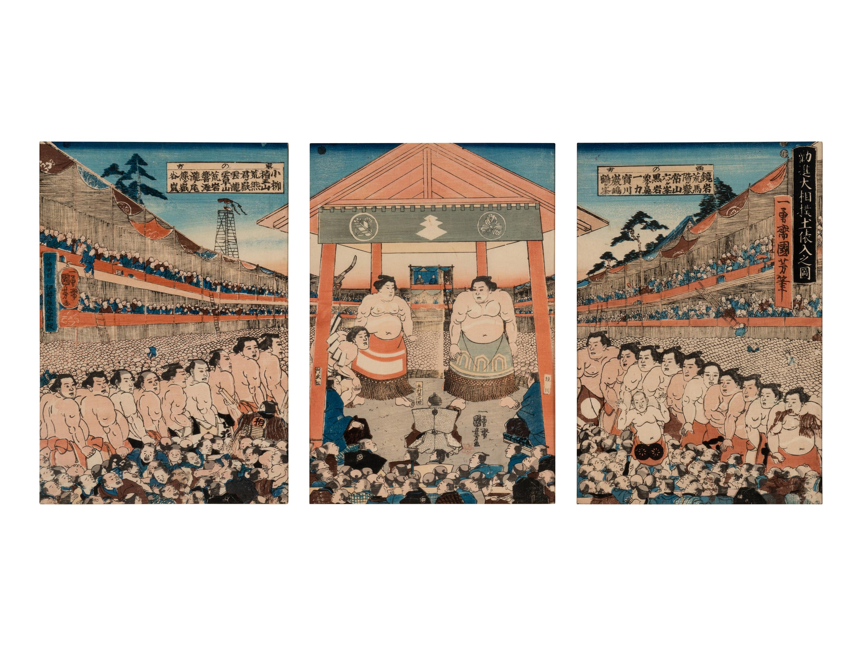 A Japanese Woodblock Triptych of a Sumo Match