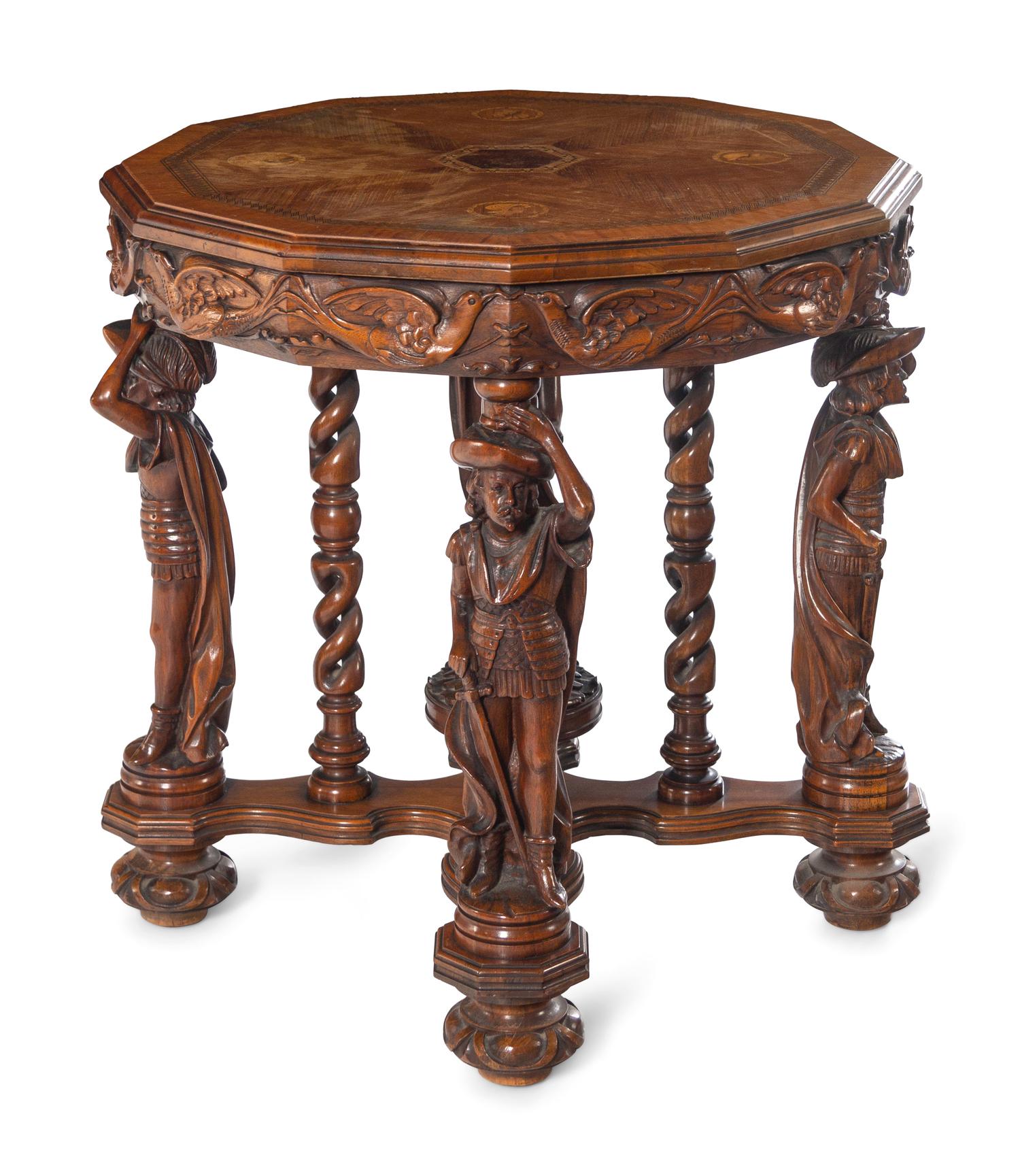 An Italian Carved Walnut and Marquetry Table