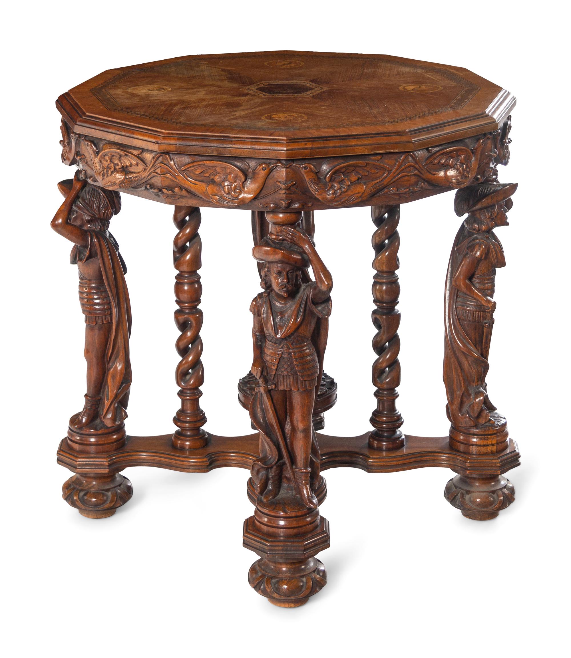 An Italian Carved Walnut and Marquetry Table