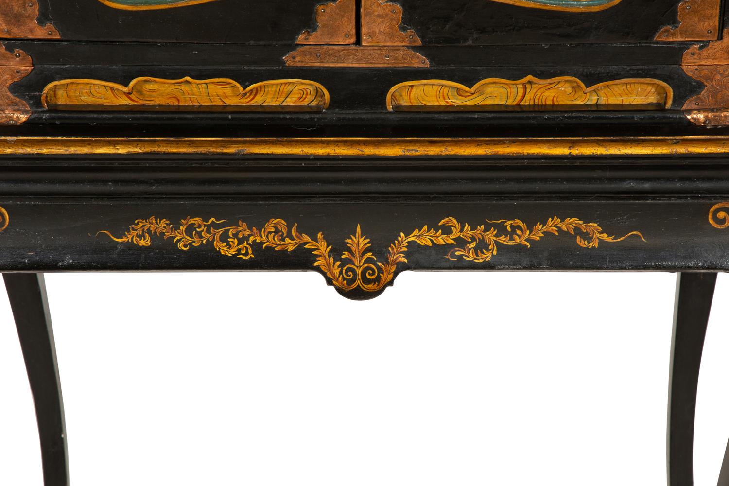 An Edwardian Polychromed Lacquer and Parcel Gilt Chinoiserie Cabinet on Stand