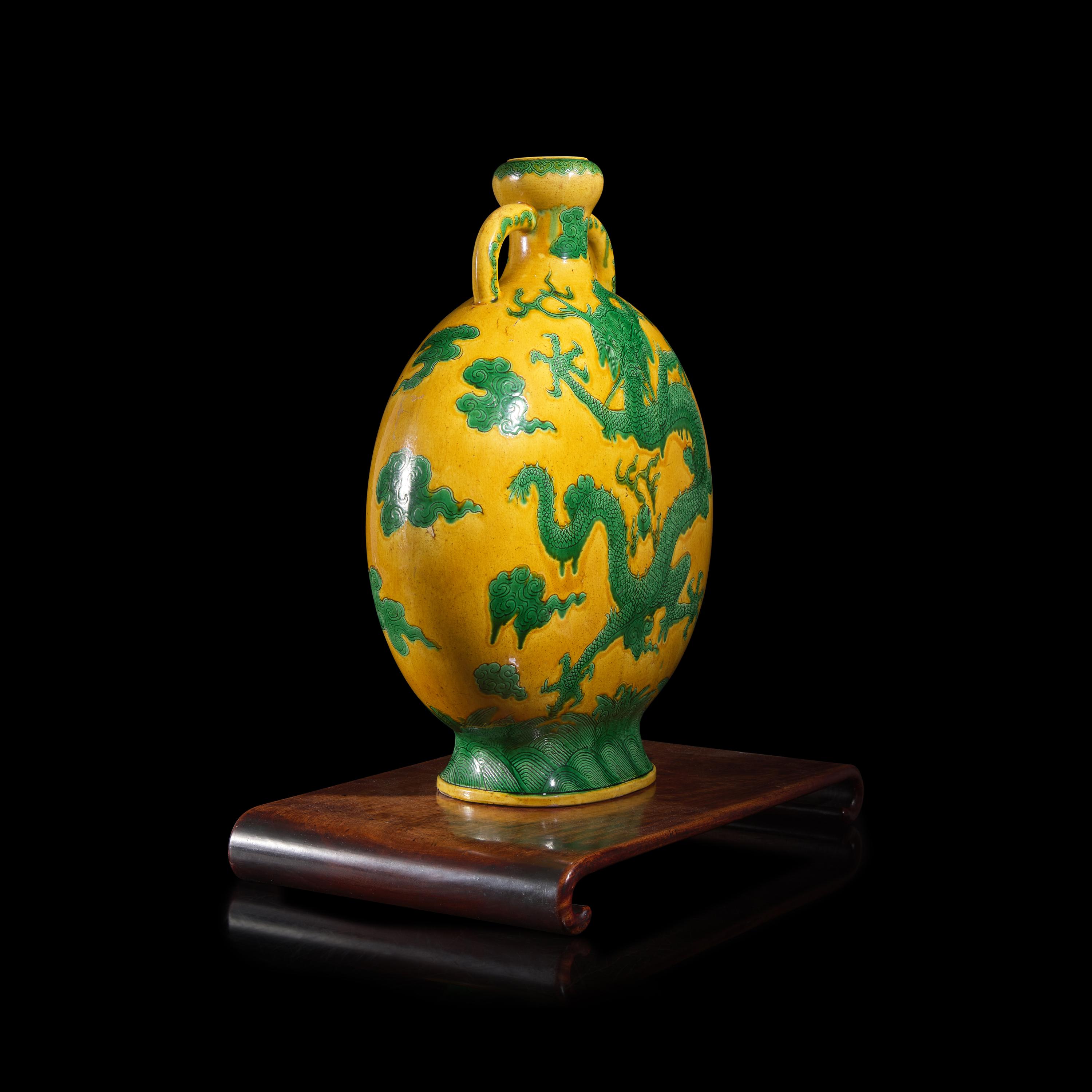 An Impressive Chinese Green Enameled Yellow Ground Porcelain 'Dragon' Moon Flask, Qing Dynasty — 清 黃地綠彩龍紋大抱月瓶