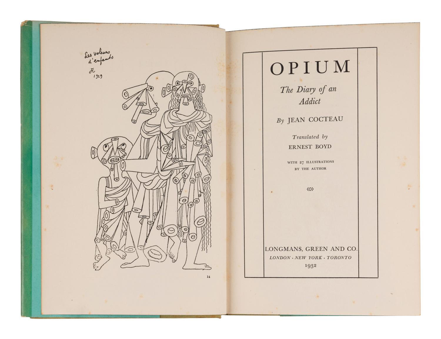 COCTEAU, Jean (1899-1963). Opium. The Diary of an Addict . Ernest Boyd, translator. New York et al: Longmans, Green and Co., 1932.