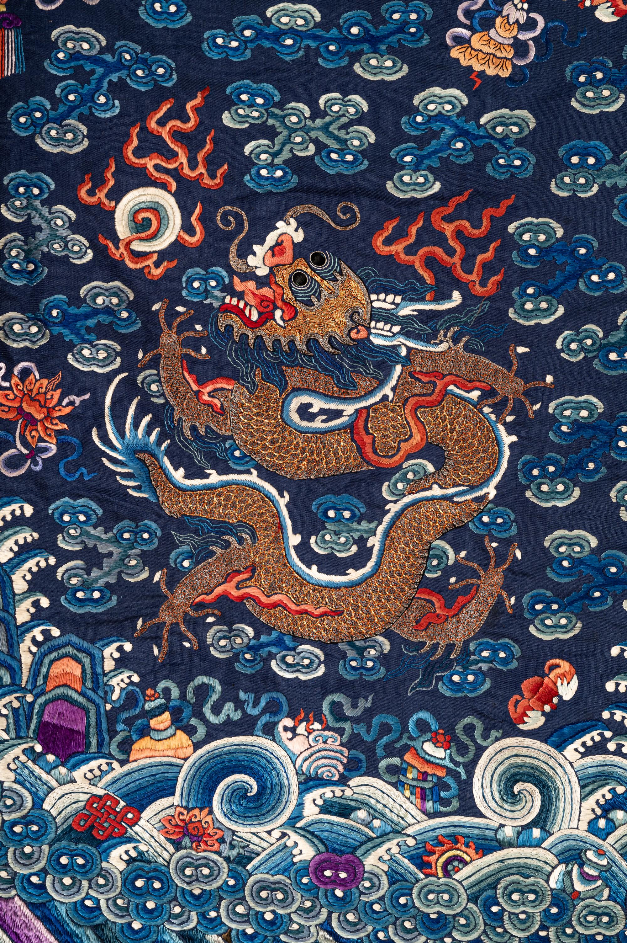 A Blue Ground Embroidered Silk Dragon Robe, Jifu