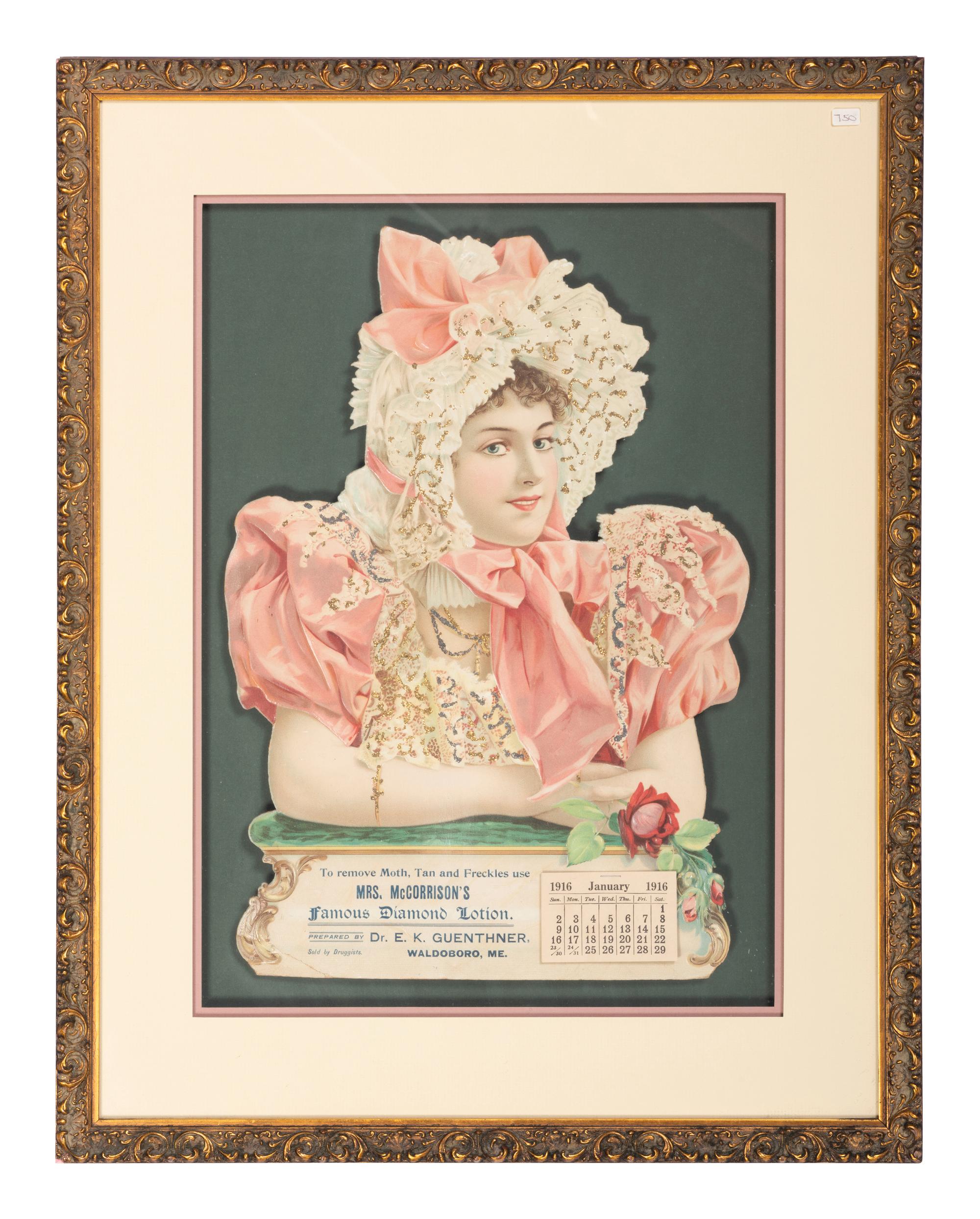A Mrs. McCorrison's Famous Diamonds Lotion Framed Calendar Advertisement