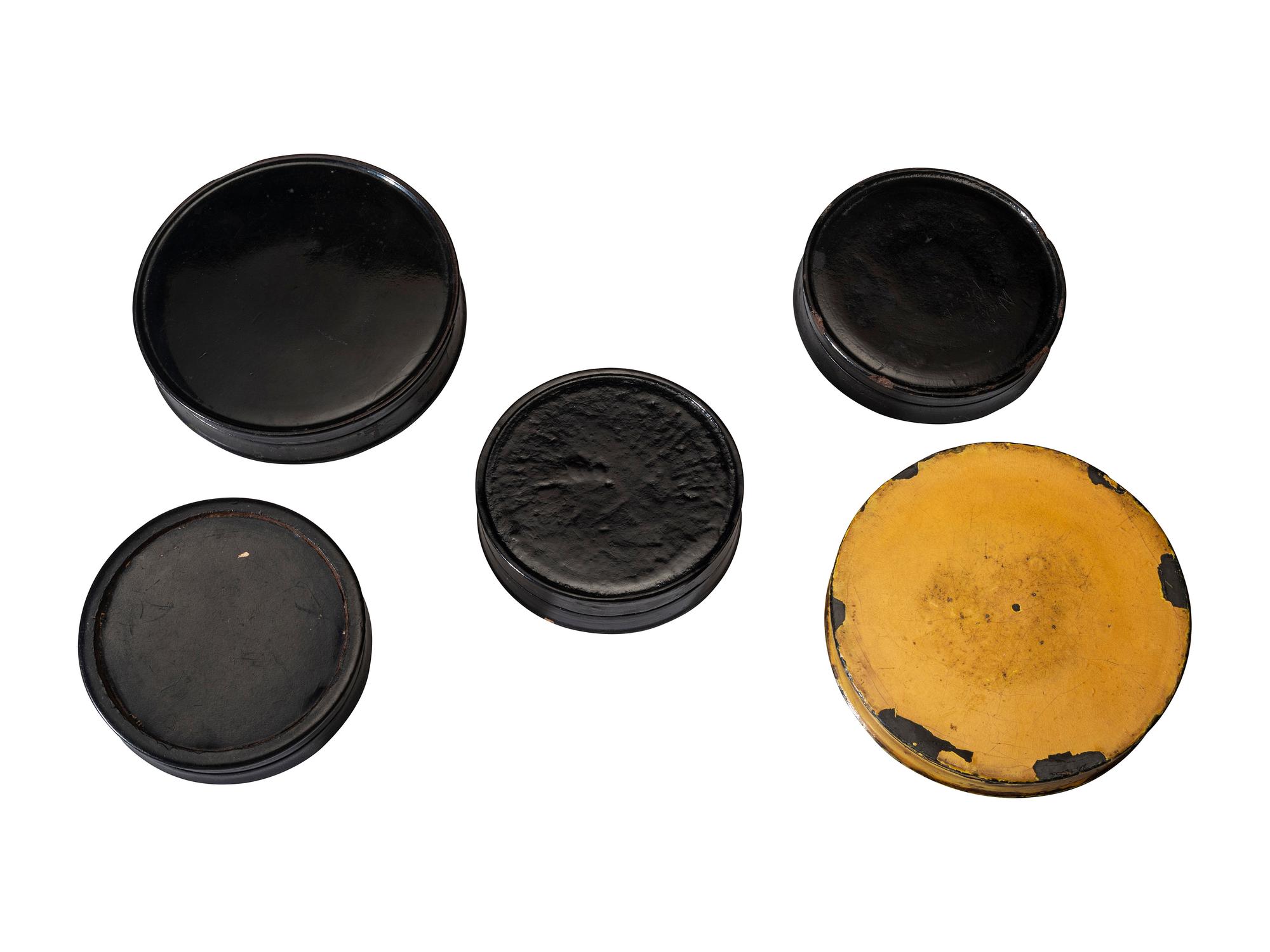 Five Continental Lacquered Papier Mache Snuff Boxes