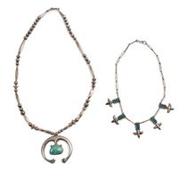 Navajo Silver and Turquoise Necklace with Naja, AND Zuni Fleur-De-Lis Petit Point Necklace