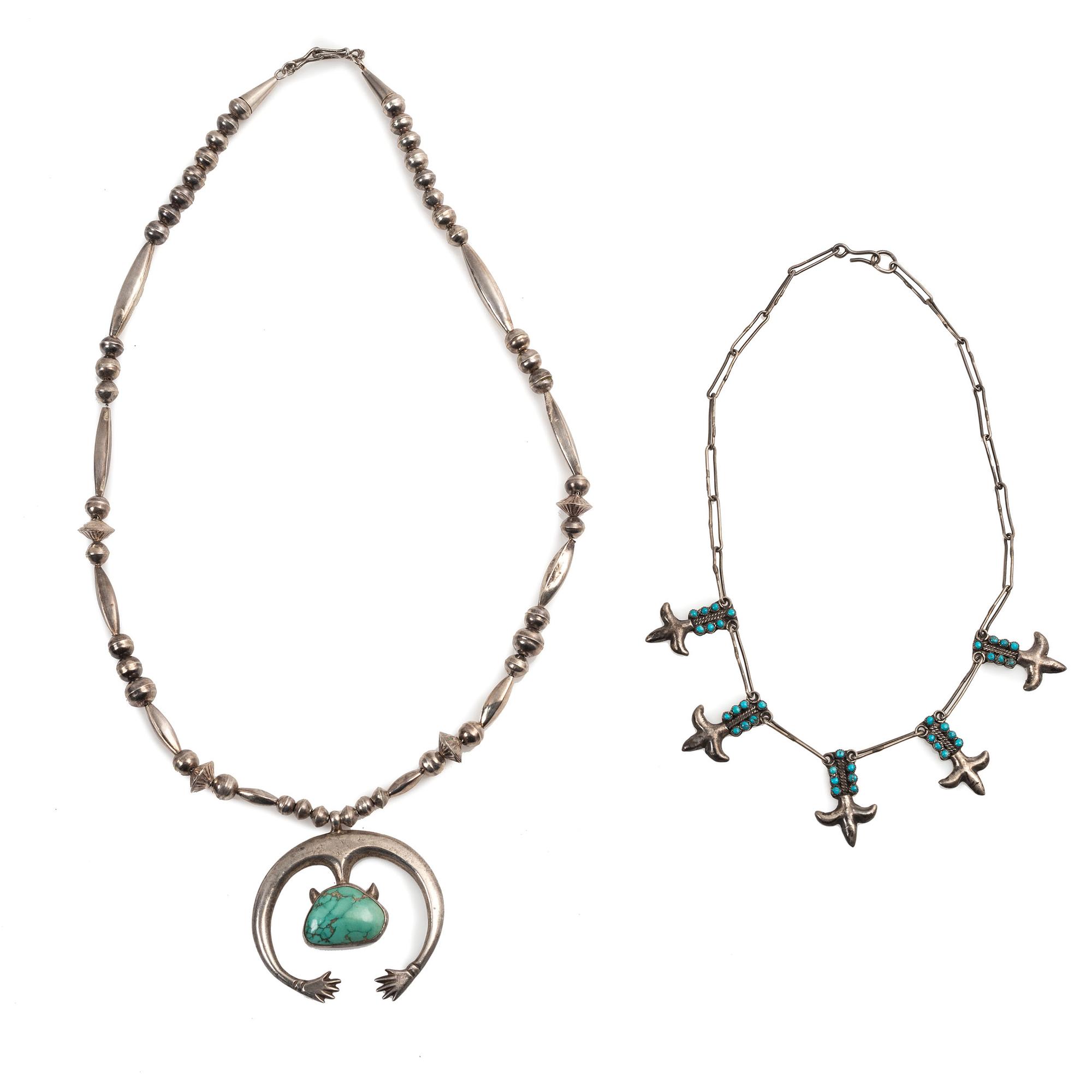 Navajo Silver and Turquoise Necklace with Naja, AND Zuni Fleur-De-Lis Petit Point Necklace