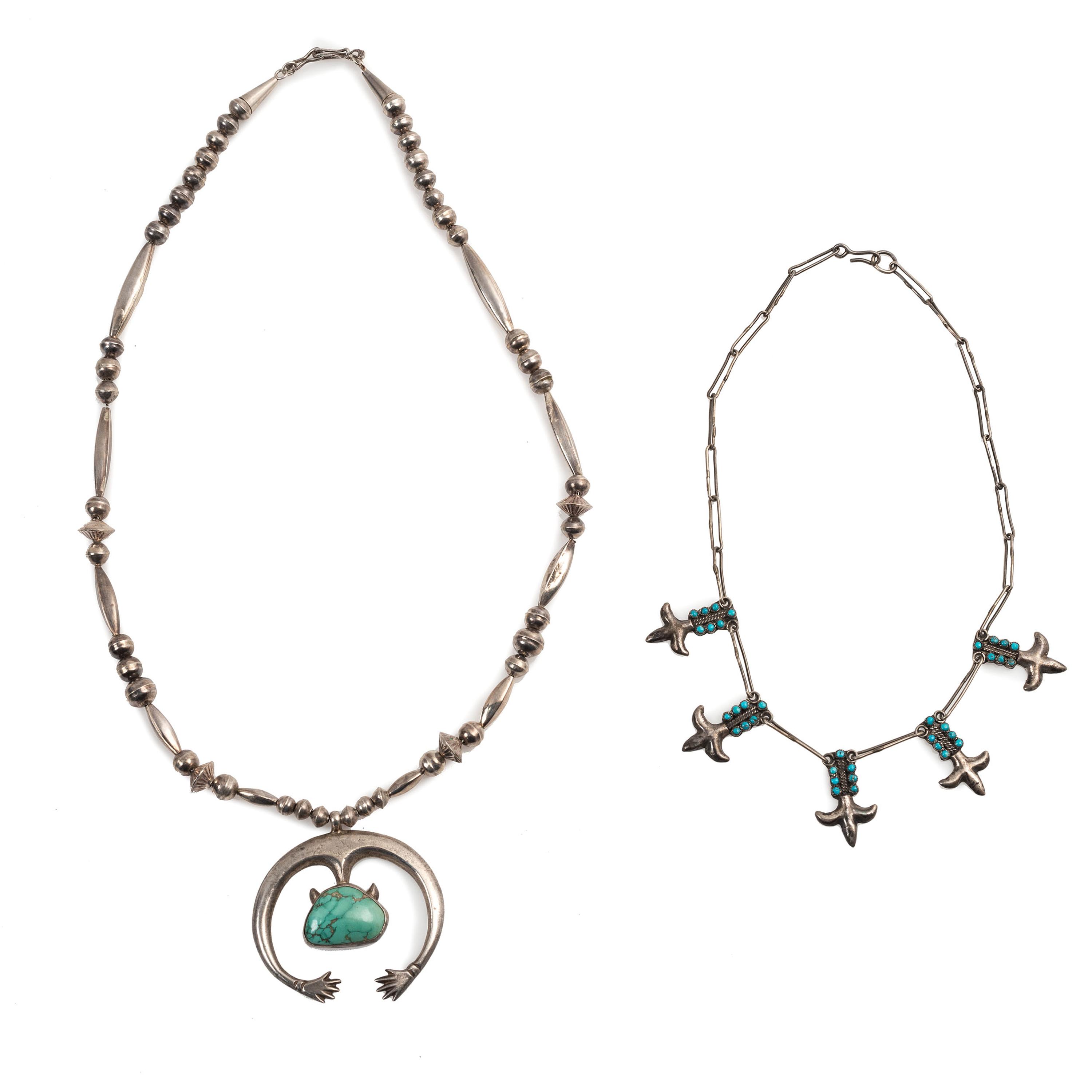 Navajo Silver and Turquoise Necklace with Naja, AND Zuni Fleur-De-Lis Petit Point Necklace
