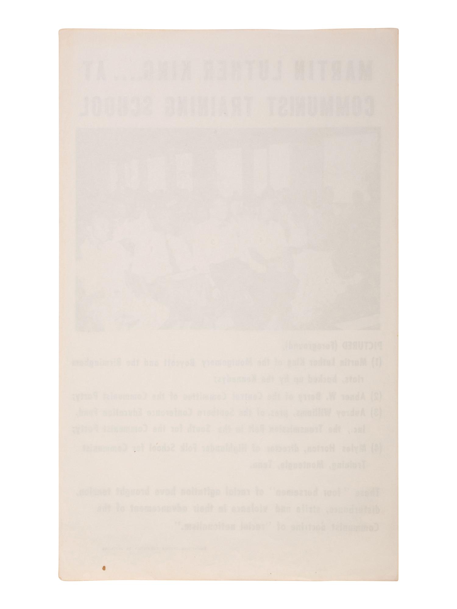 [KING, Martin Luther, Jr. (1929-1968)]. Martin Luther King...at Communist Training School . Promotional flyer issued by the Georgia Commission on Education, ca 1963-1964.