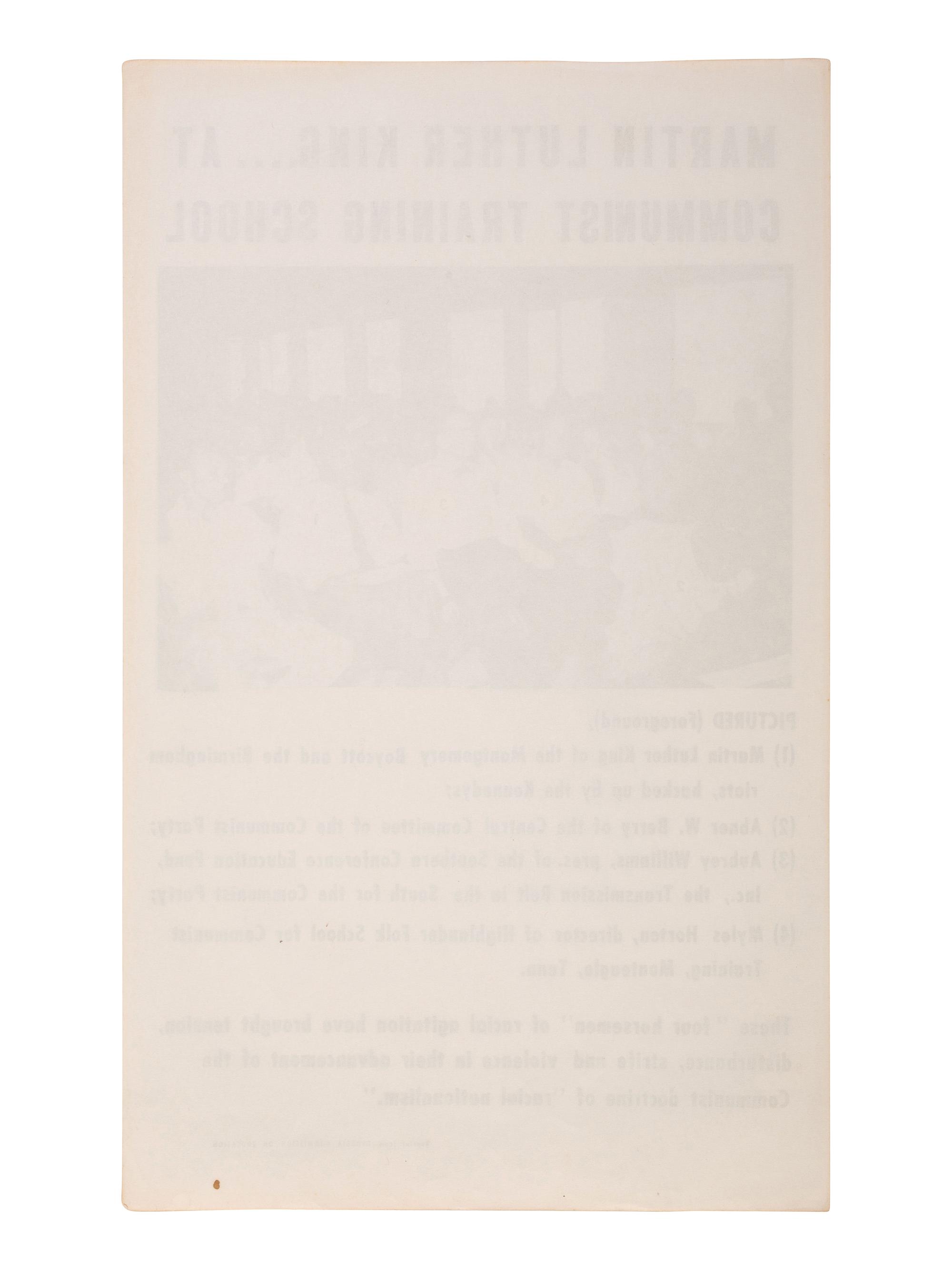 [KING, Martin Luther, Jr. (1929-1968)]. Martin Luther King...at Communist Training School . Promotional flyer issued by the Georgia Commission on Education, ca 1963-1964.