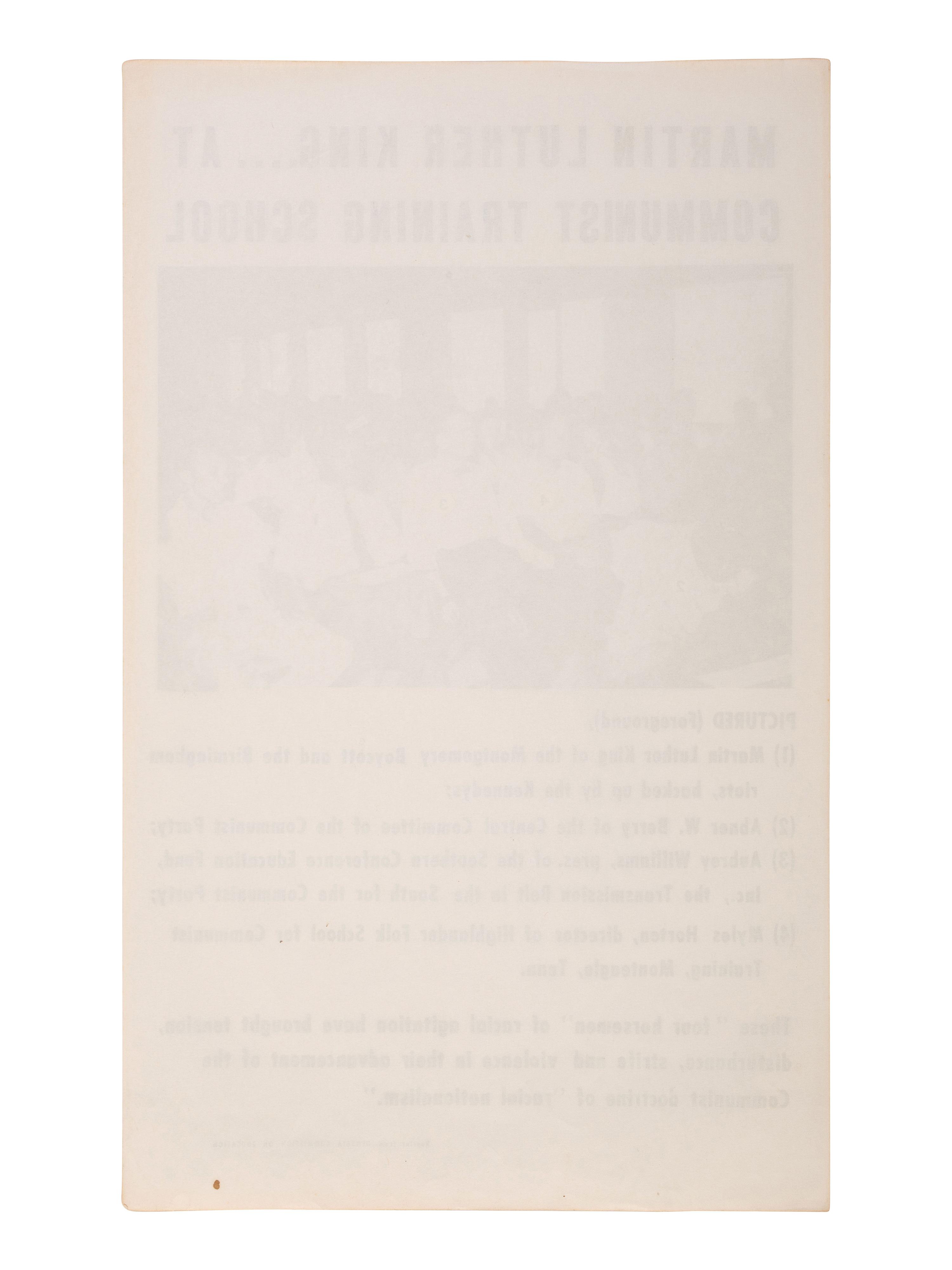 [KING, Martin Luther, Jr. (1929-1968)]. Martin Luther King...at Communist Training School . Promotional flyer issued by the Georgia Commission on Education, ca 1963-1964.
