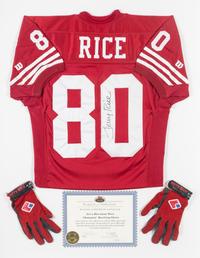 A Jerry Rice Signed Autograph San Francisco 49ers Jersey Presentation With Game Used Gloves (Topps Certificate of Authenticity),