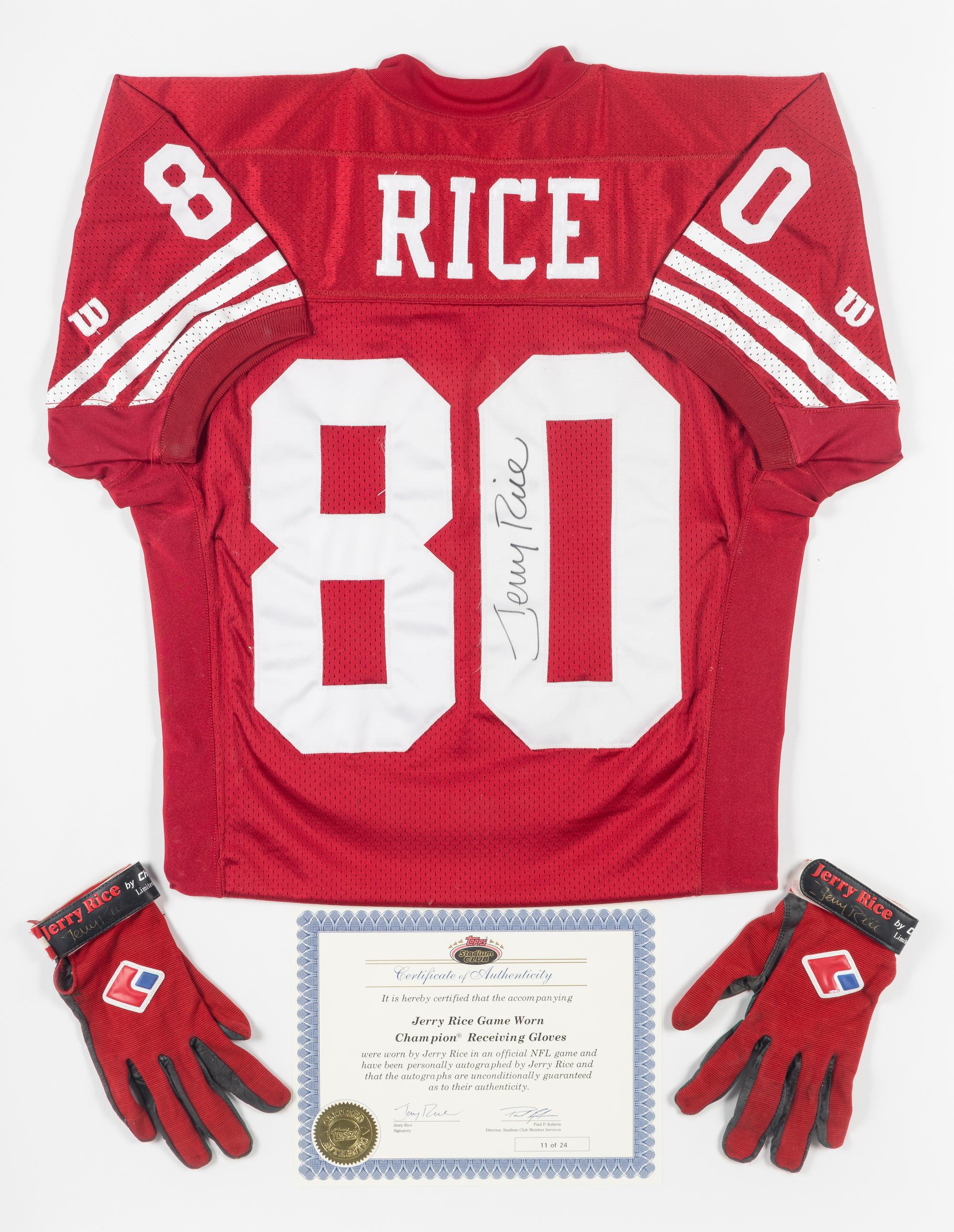 A Jerry Rice Signed Autograph San Francisco 49ers Jersey Presentation With Game Used Gloves (Topps Certificate of Authenticity),
