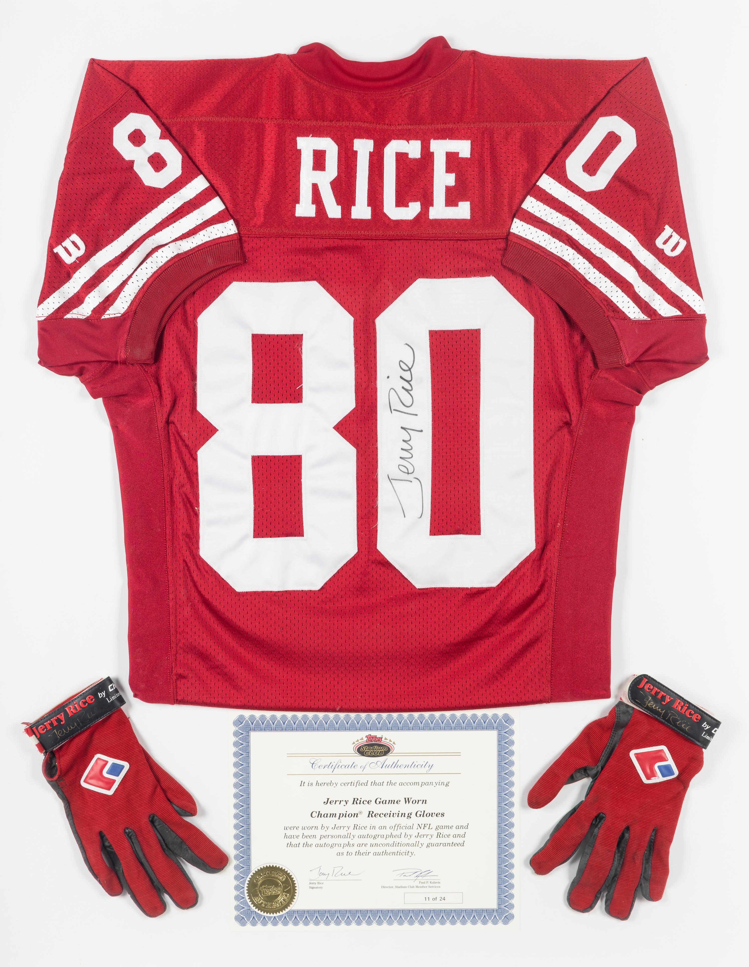 A Jerry Rice Signed Autograph San Francisco 49ers Jersey Presentation With Game Used Gloves (Topps Certificate of Authenticity),
