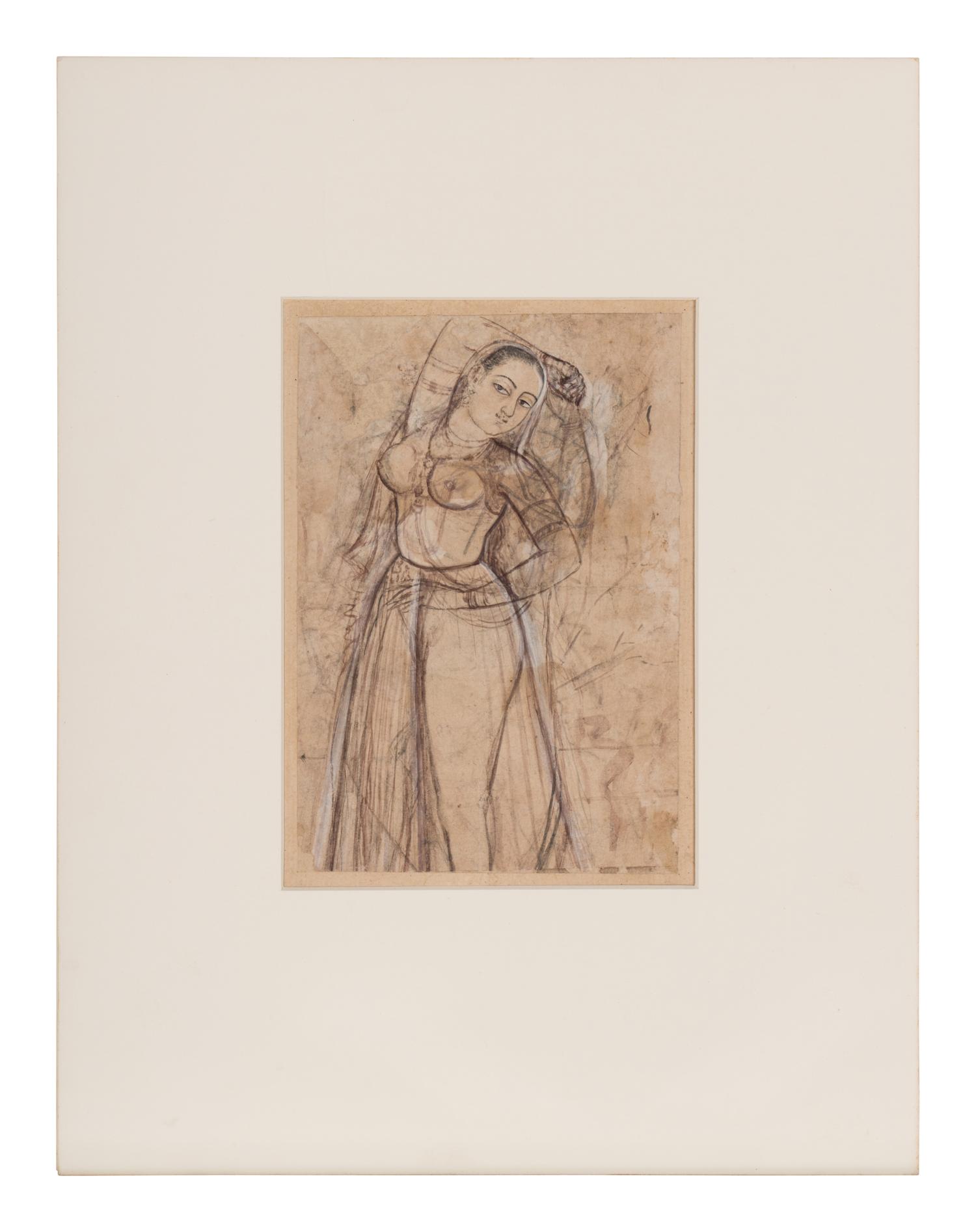 An Indian Drawing of a Court Lady, India, Rajasthan, 18th-19th Century 十八-十九世紀 印度拉賈斯坦邦仕女圖細密畫