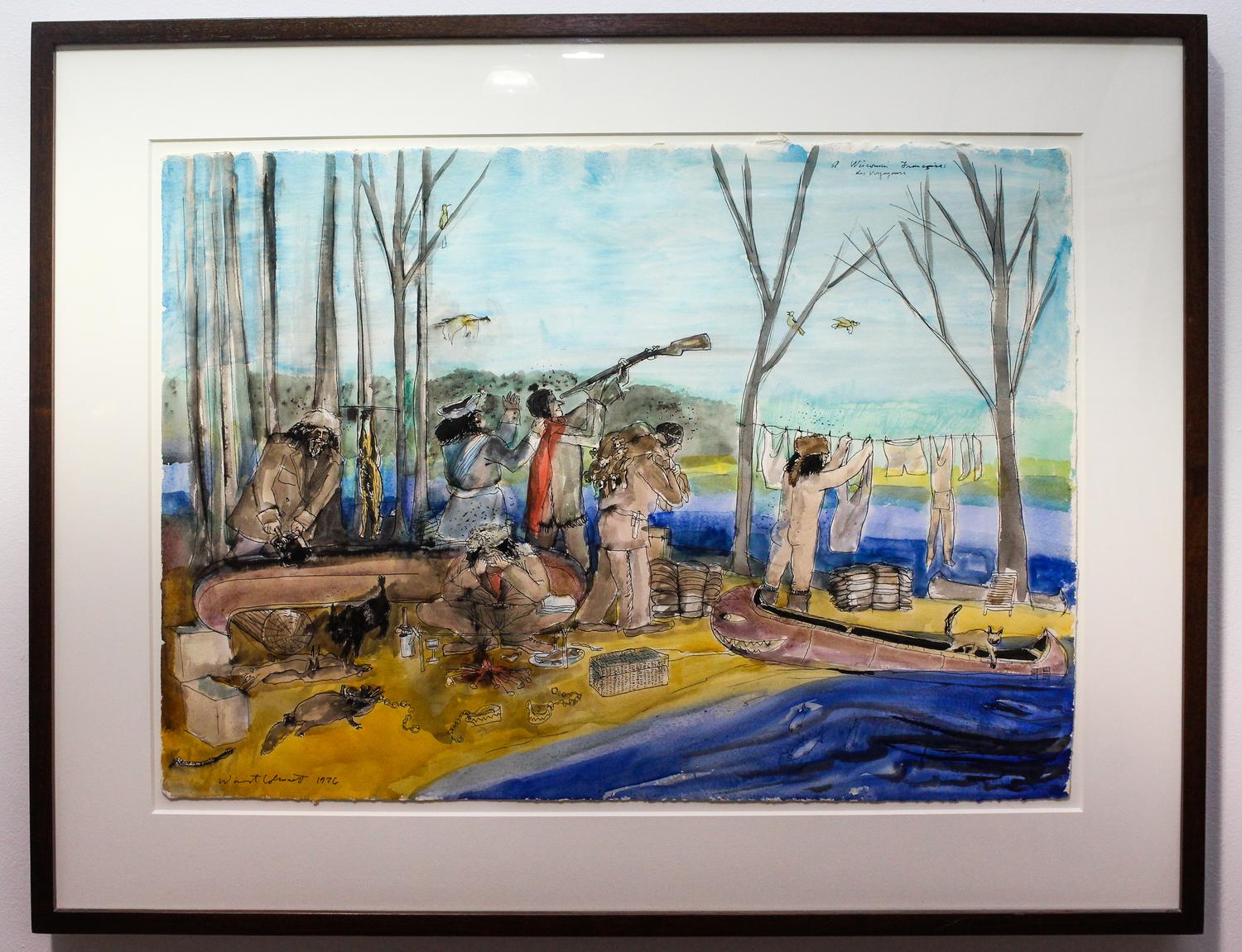 Warrington Colescott, (American, b. 1921), A Wisconsin Francais: Les Voyaguers, 1976