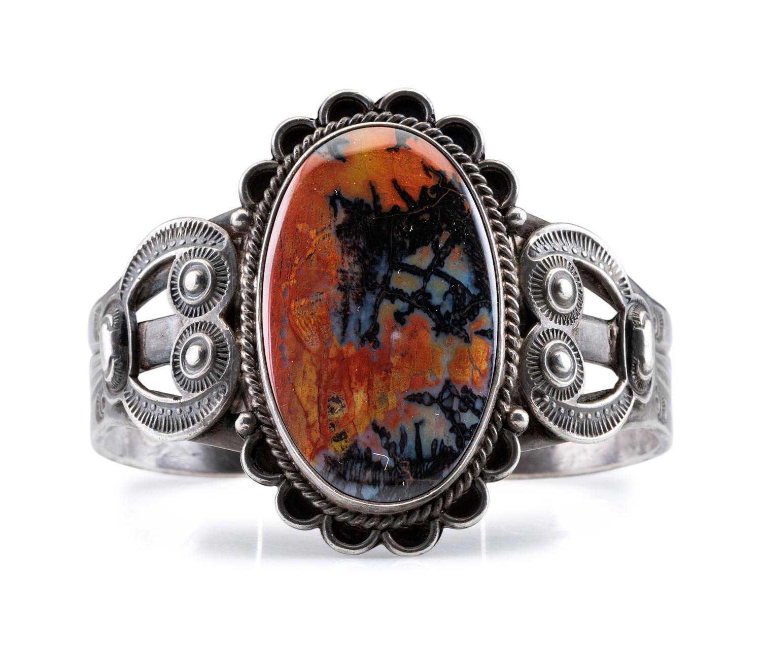 Heavily Stamped Split Shank Cuff, with Petrified Wood Cabochon
