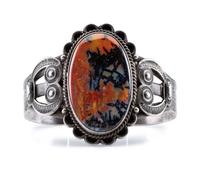 Heavily Stamped Split Shank Cuff, with Petrified Wood Cabochon