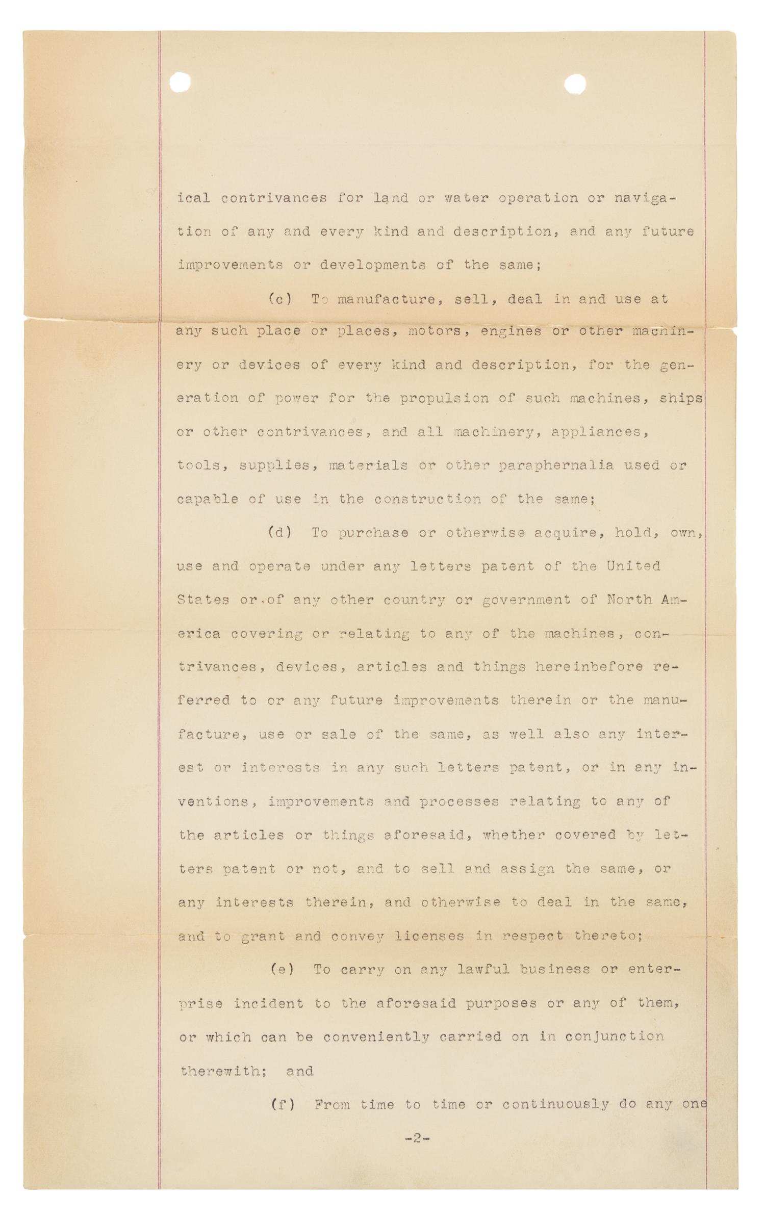 [WRIGHT BROTHERS]. WRIGHT, Wilbur (1867-1912) -- WRIGHT, Orville (1871-1948). Typed document signed ("Wilbur Wright", "Orville Wright", "George A. Steves", "Henry S. Hooker", "Alpheus F. Barnes"), New York, NY, 18 November 1909.