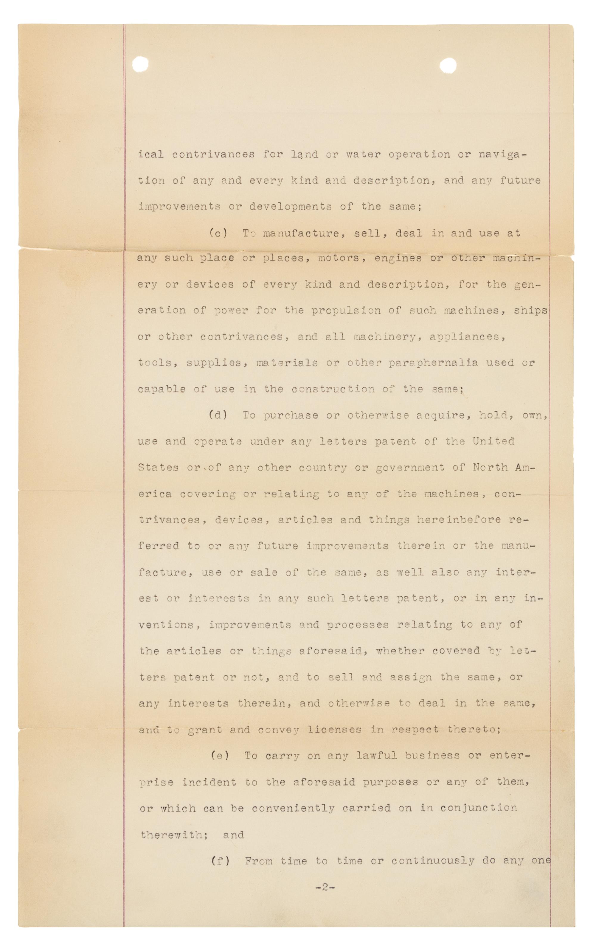 [WRIGHT BROTHERS]. WRIGHT, Wilbur (1867-1912) -- WRIGHT, Orville (1871-1948). Typed document signed ("Wilbur Wright", "Orville Wright", "George A. Steves", "Henry S. Hooker", "Alpheus F. Barnes"), New York, NY, 18 November 1909.