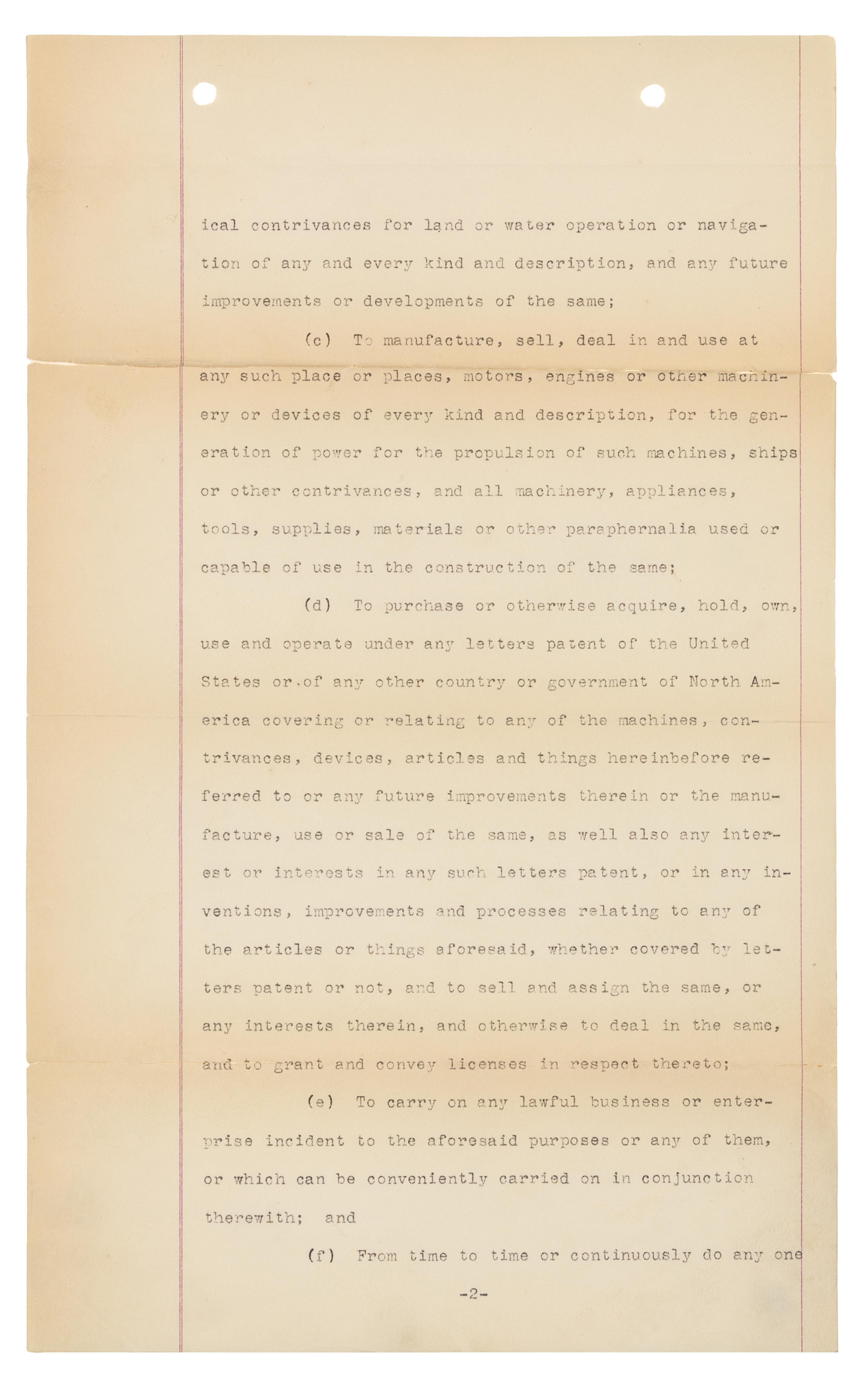 [WRIGHT BROTHERS]. WRIGHT, Wilbur (1867-1912) -- WRIGHT, Orville (1871-1948). Typed document signed ("Wilbur Wright", "Orville Wright", "George A. Steves", "Henry S. Hooker", "Alpheus F. Barnes"), New York, NY, 18 November 1909.