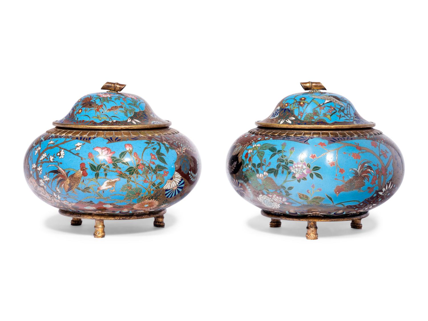 Two Pairs of Japanese Cloisonné Enameled Jars